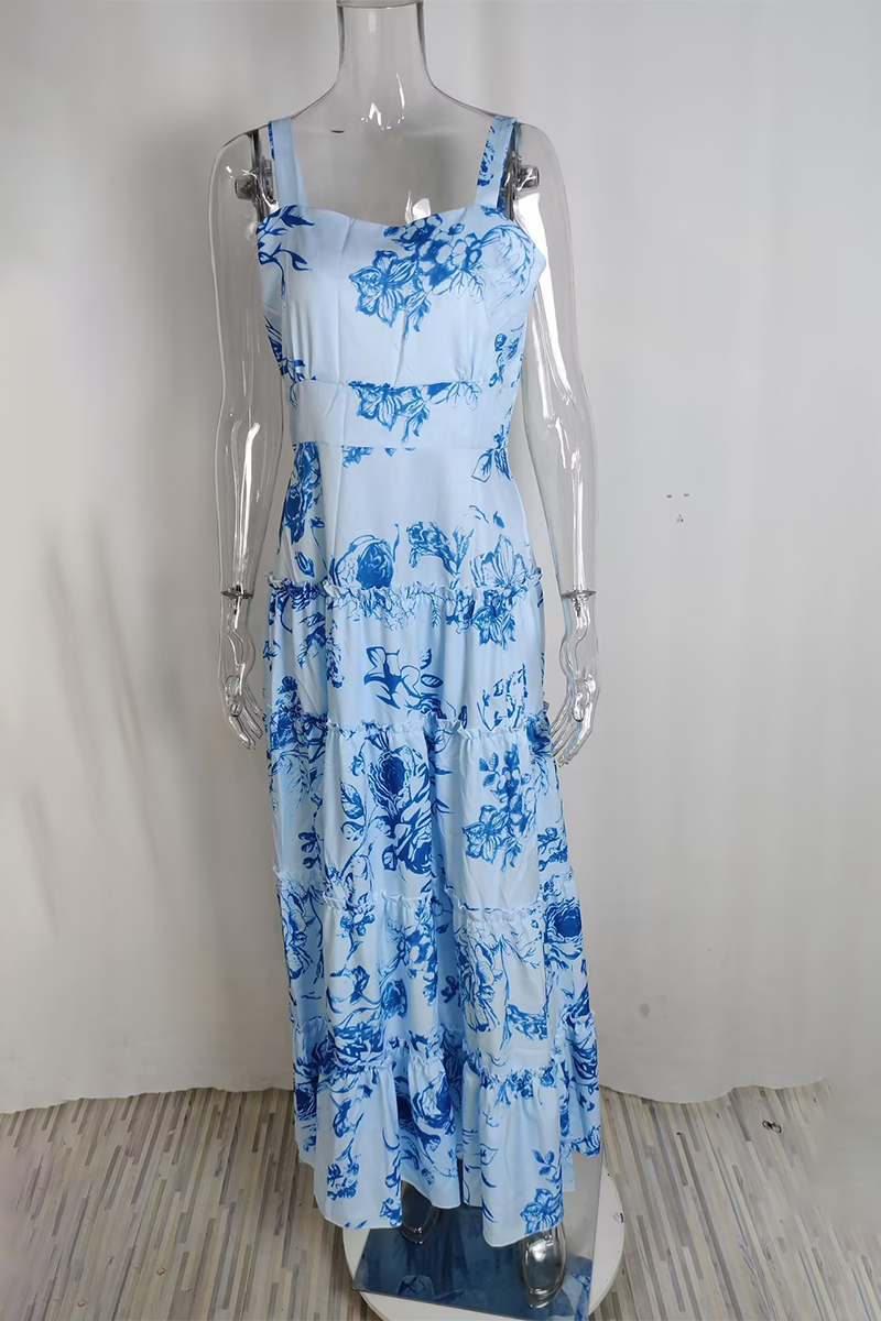 Casual Vacation Flowers Print Square Neck Sling Dresses(3 Colors) - Fashionpara