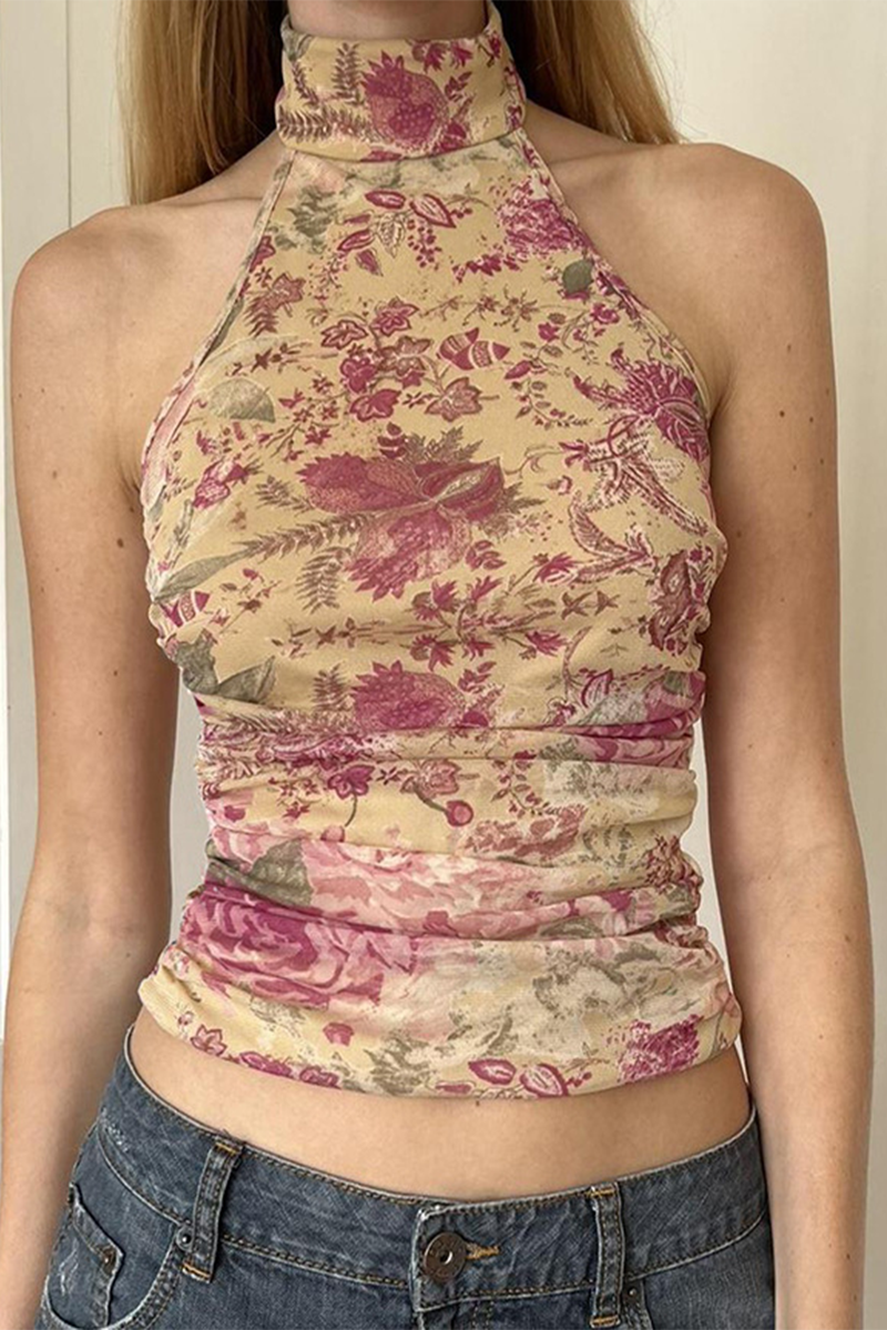 Sexy Floral Print Backless Halter Tops - Fashionpara