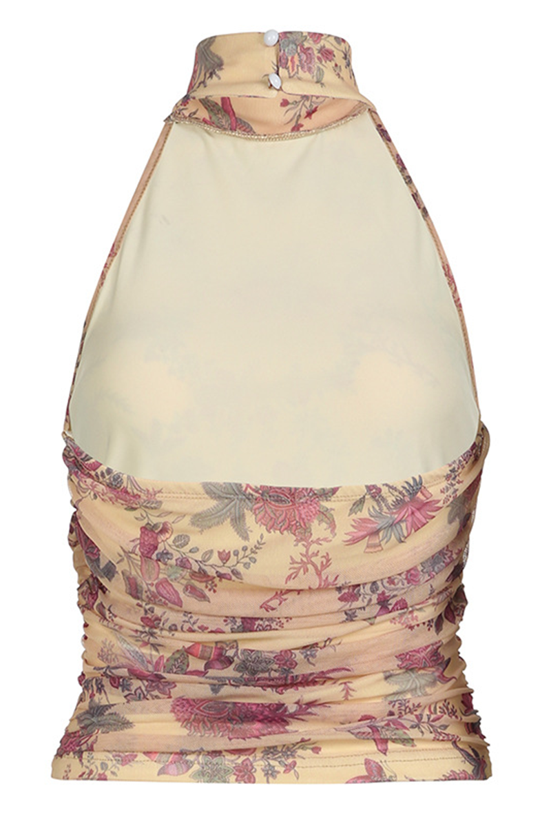 Sexy Floral Print Backless Halter Tops - Fashionpara