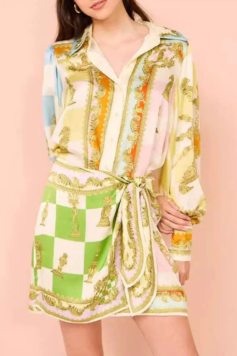 Casual Celebrities Geometric Print Lace Up Contrast Turndown Collar A Line Dresses  Fashionpara