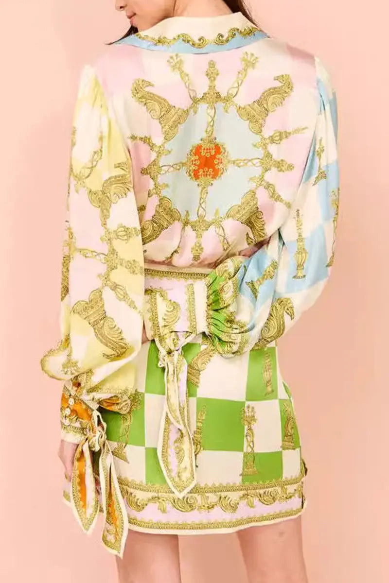 Casual Celebrities Geometric Print Lace Up Contrast Turndown Collar A Line Dresses  Fashionpara