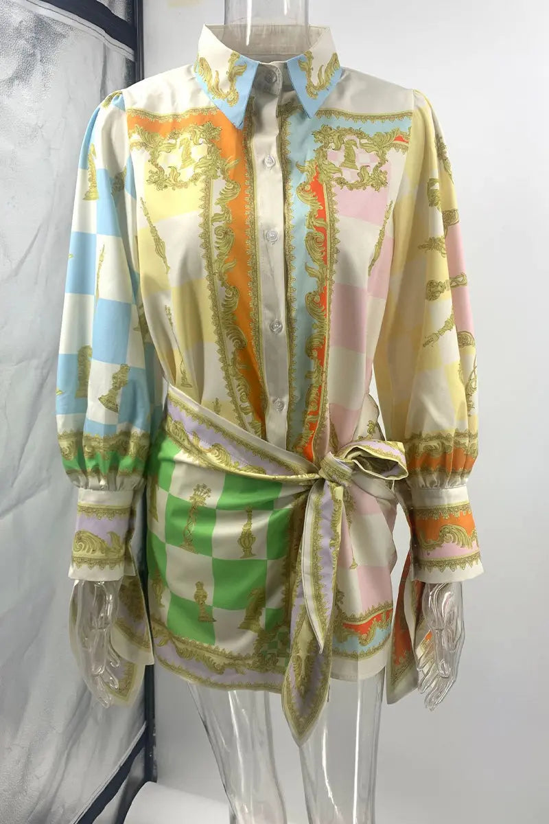 Casual Celebrities Geometric Print Lace Up Contrast Turndown Collar A Line Dresses  Fashionpara