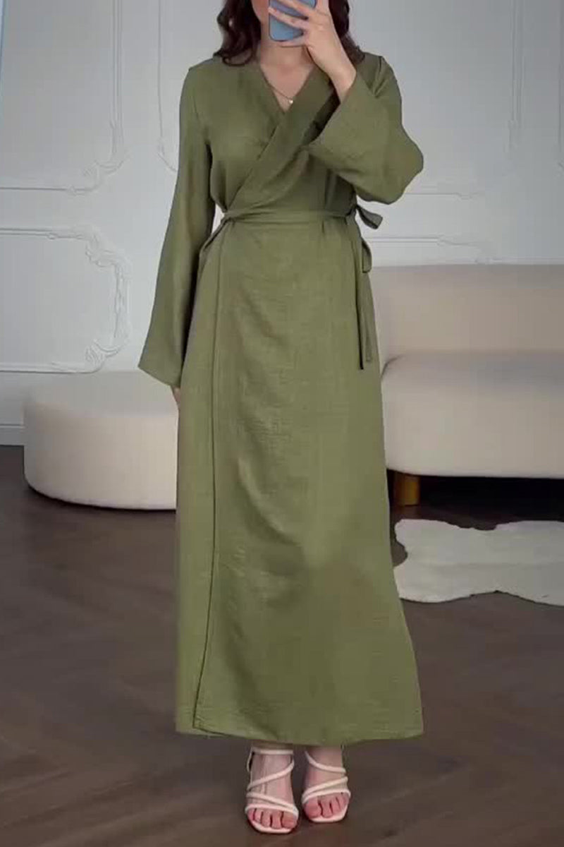 Casual Daily Solid Color Lace Up V Neck A Line Dresses - Fashionpara