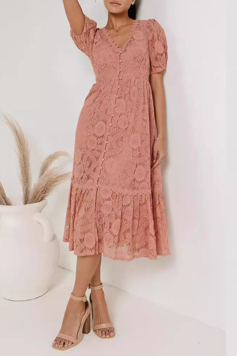 Casual Daily Solid Color Lace Buttons V Neck A Line Dresses(4 Colors) - Fashionpara