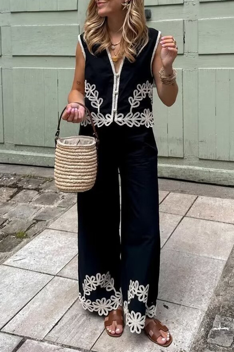 Casual Street Solid Color Embroidered Contrast V Neck Sleeveless Two Pieces - Fashionpara