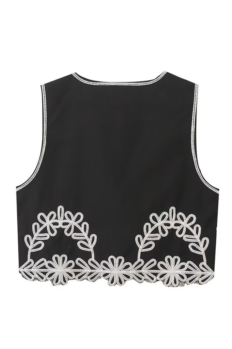 Casual Street Solid Color Embroidered Contrast V Neck Sleeveless Two Pieces - Fashionpara