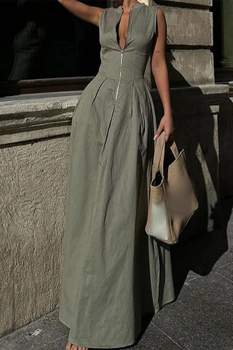 Casual Street Solid Color Pocket Zipper Mandarin Collar Sleeveless Dresses(3 Colors) - Fashionpara