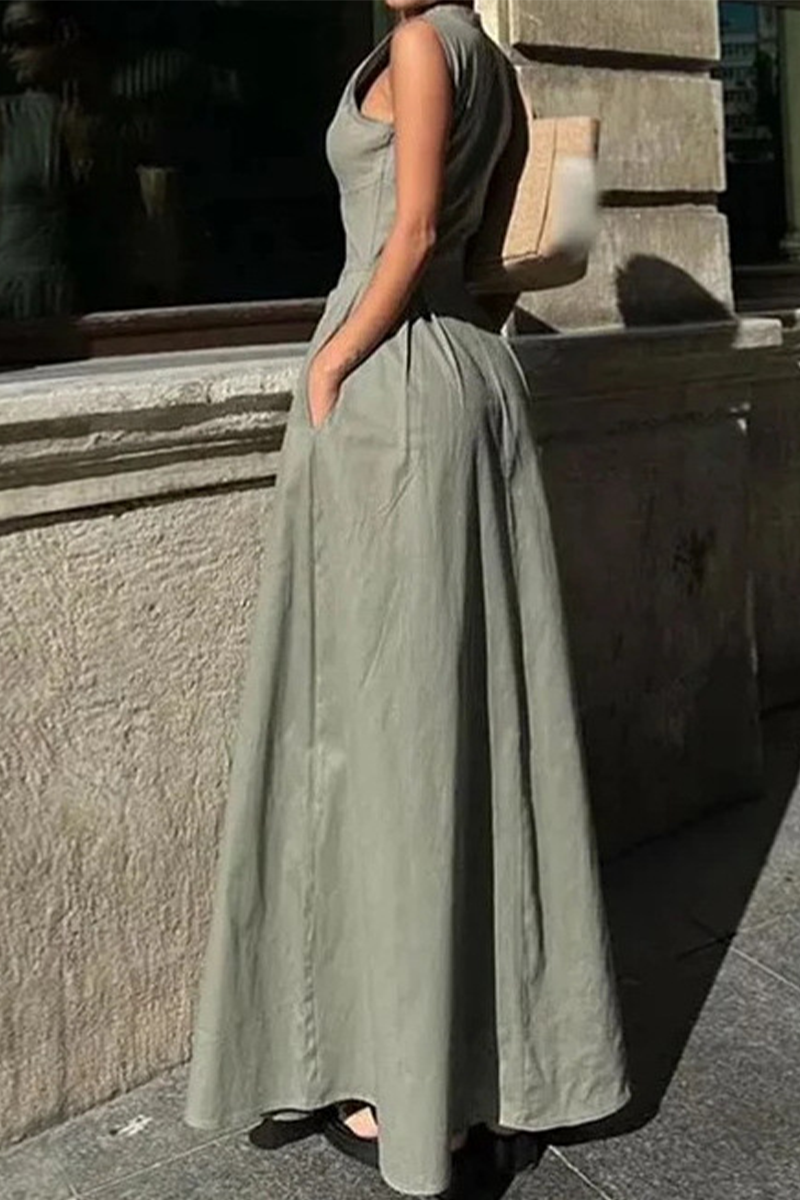 Casual Street Solid Color Pocket Zipper Mandarin Collar Sleeveless Dresses(3 Colors) - Fashionpara