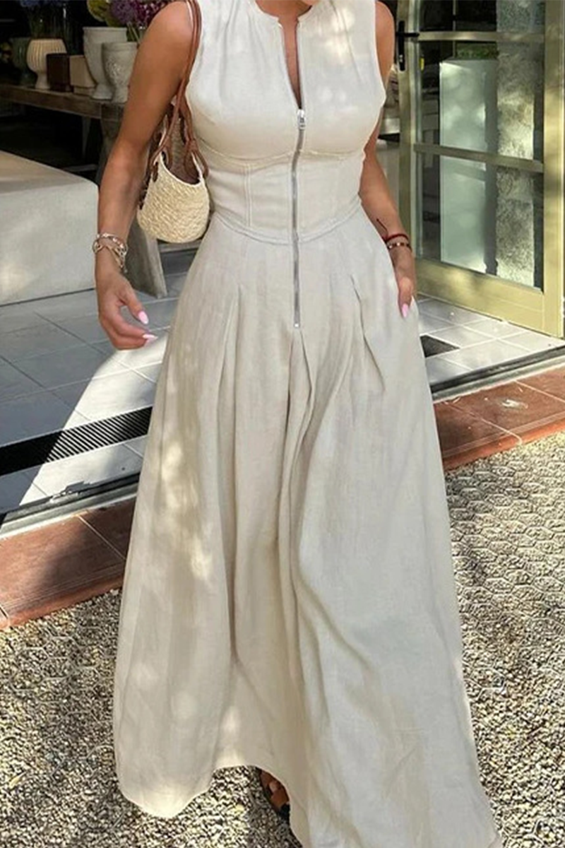 Casual Street Solid Color Pocket Zipper Mandarin Collar Sleeveless Dresses(3 Colors) - Fashionpara