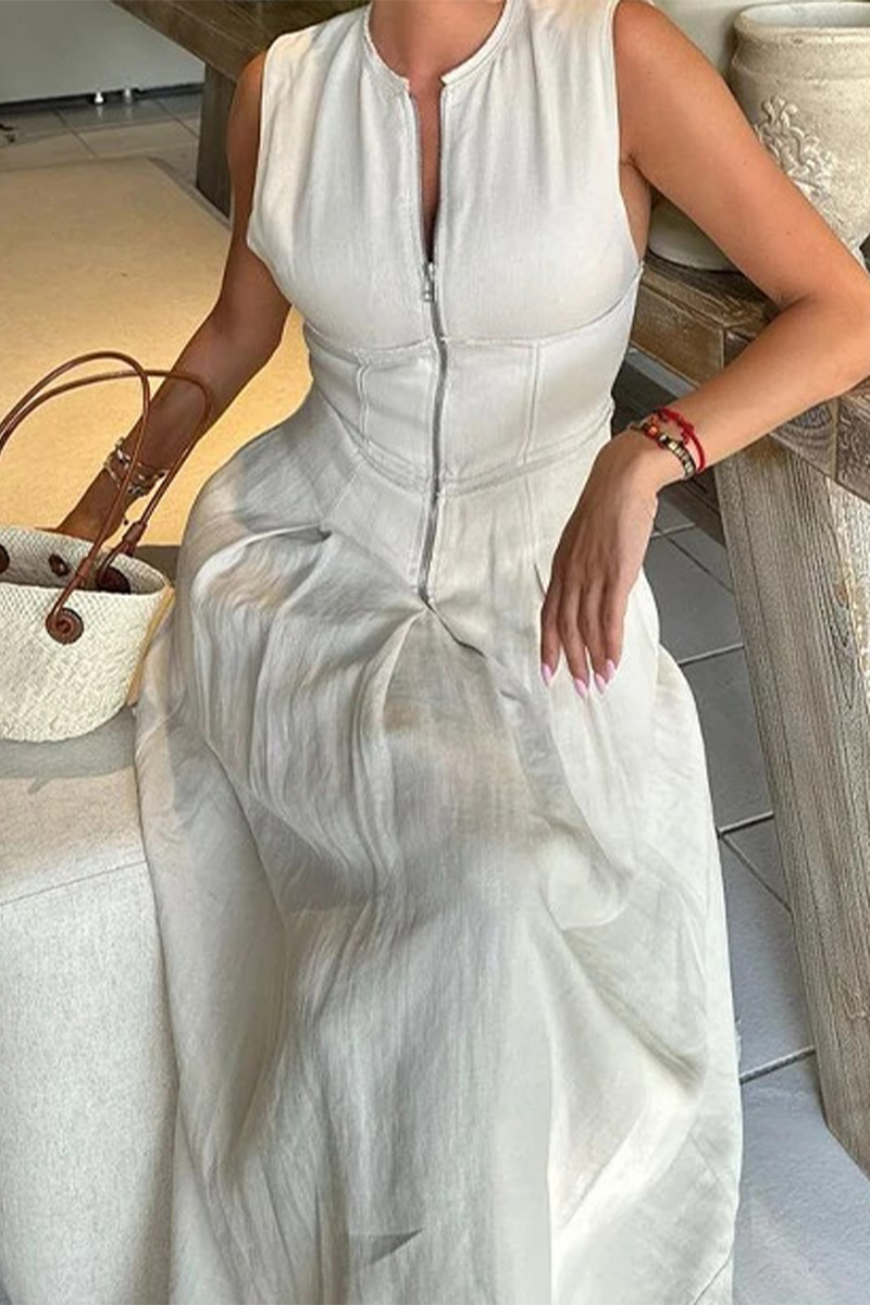 Casual Street Solid Color Pocket Zipper Mandarin Collar Sleeveless Dresses(3 Colors) - Fashionpara