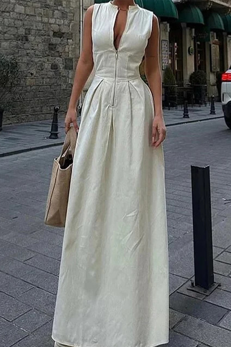 Casual Street Solid Color Pocket Zipper Mandarin Collar Sleeveless Dresses(3 Colors) - Fashionpara