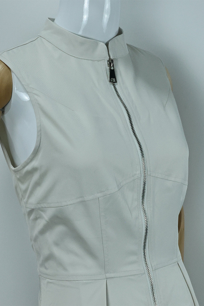 Casual Street Solid Color Pocket Zipper Mandarin Collar Sleeveless Dresses(3 Colors) - Fashionpara