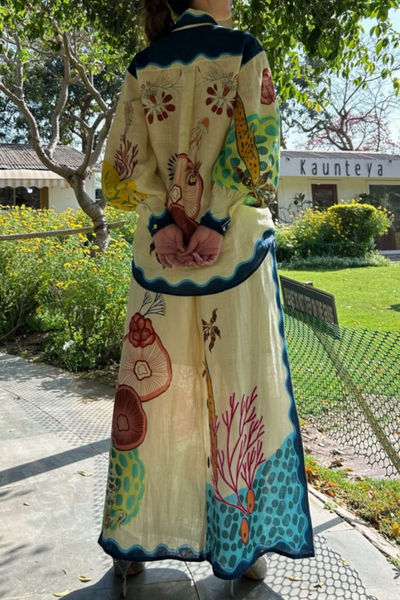 Casual Print Basic Turndown Collar Long Sleeve Two Pieces - Fashionpara