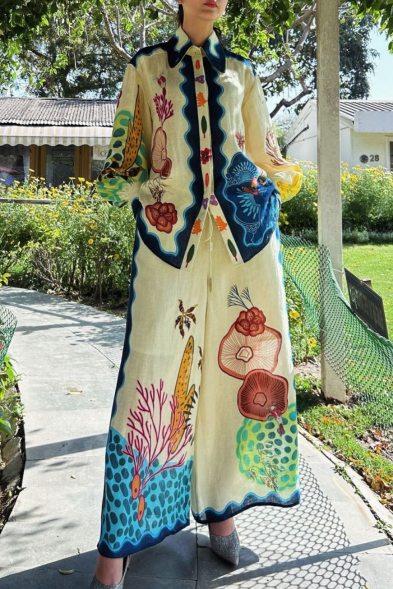 Casual Print Basic Turndown Collar Long Sleeve Two Pieces - Fashionpara