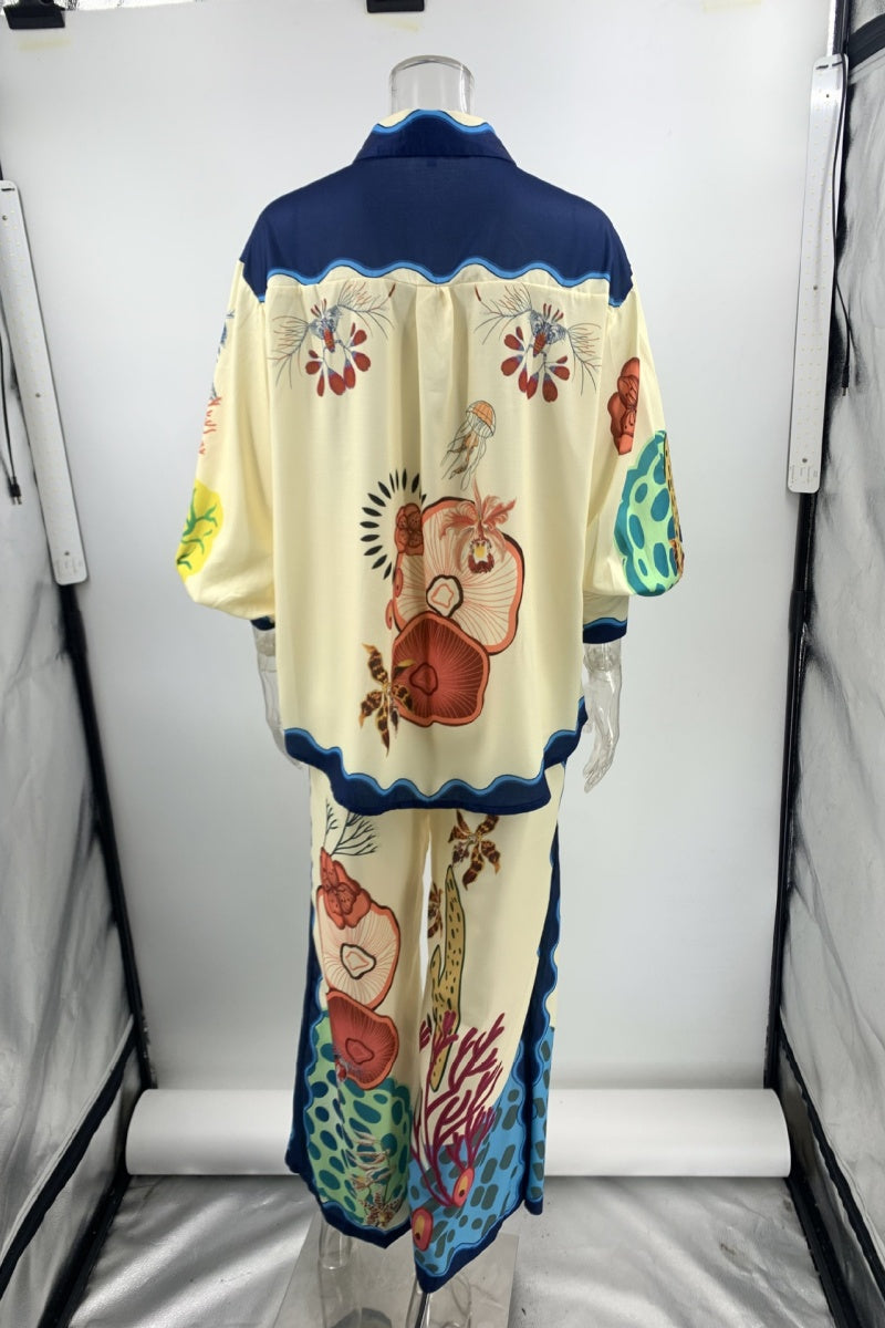 Casual Print Basic Turndown Collar Long Sleeve Two Pieces - Fashionpara