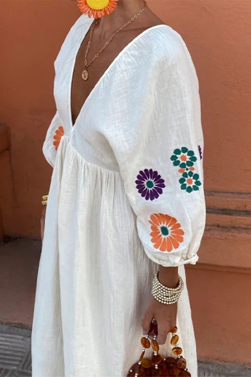 Casual Flowers Embroidered Lace Up Backless V Neck A Line Dresses - Fashionpara