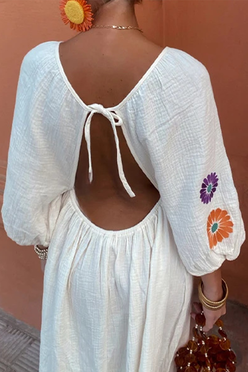Casual Flowers Embroidered Lace Up Backless V Neck A Line Dresses - Fashionpara