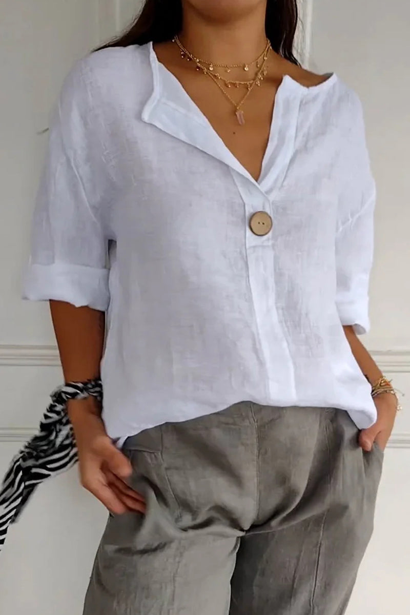 Casual Daily Solid Color Buttons V Neck T-Shirts - Fashionpara