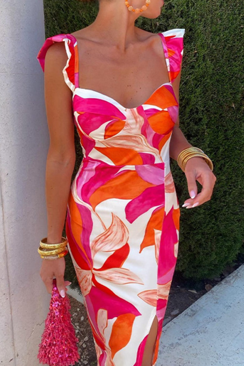 Sexy Print Slit Square Neck Wrapped Skirt Dresses - Fashionpara