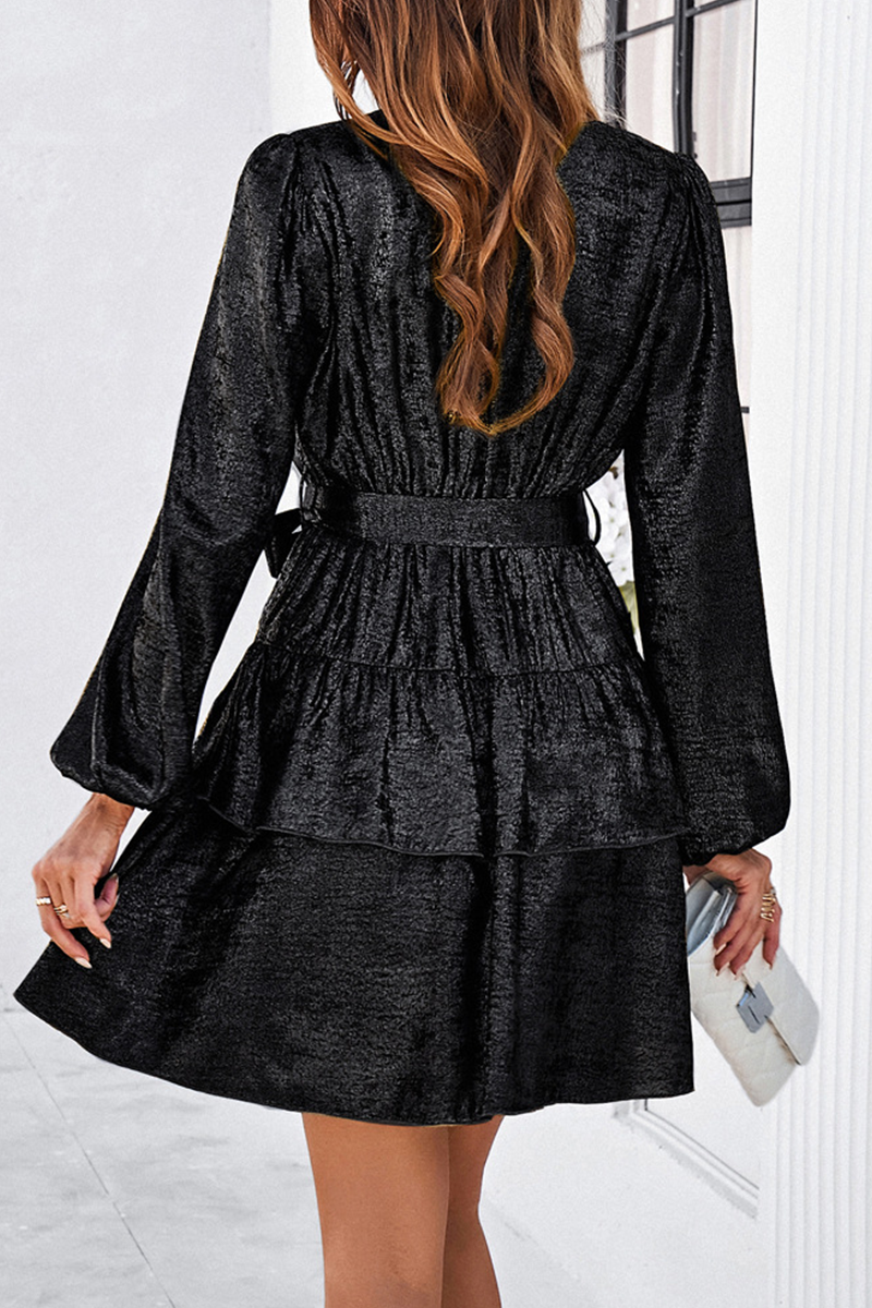 Casual Street Solid Color Lace Up Reflective V Neck A Line Dresses(4 Colors) - Fashionpara