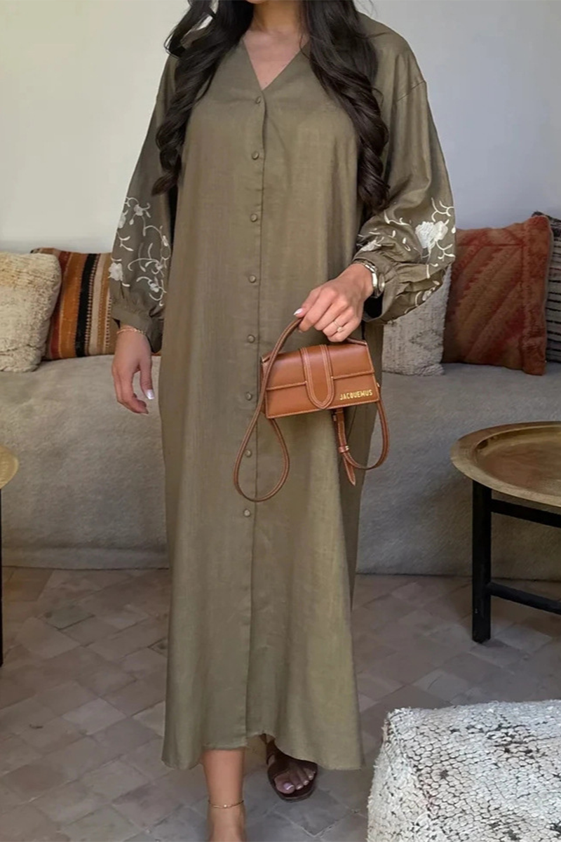 Casual Flowers Buckle Patchwork V Neck A Line Dresses - Fashionpara