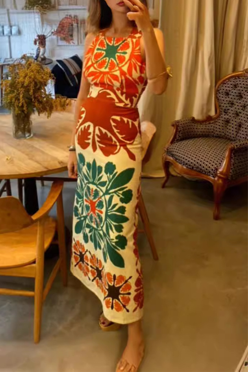 Sexy Geometric Print Patchwork Backless Square Neck One Step Skirt Dresses - Fashionpara