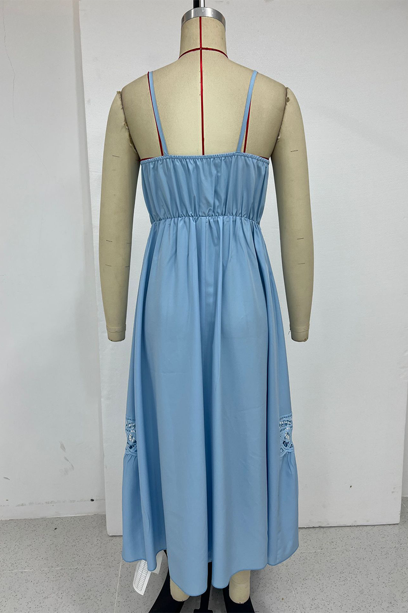 Sexy Vacation Solid Color Hollow Out Buttons Slit V Neck Sling Dresses - Fashionpara