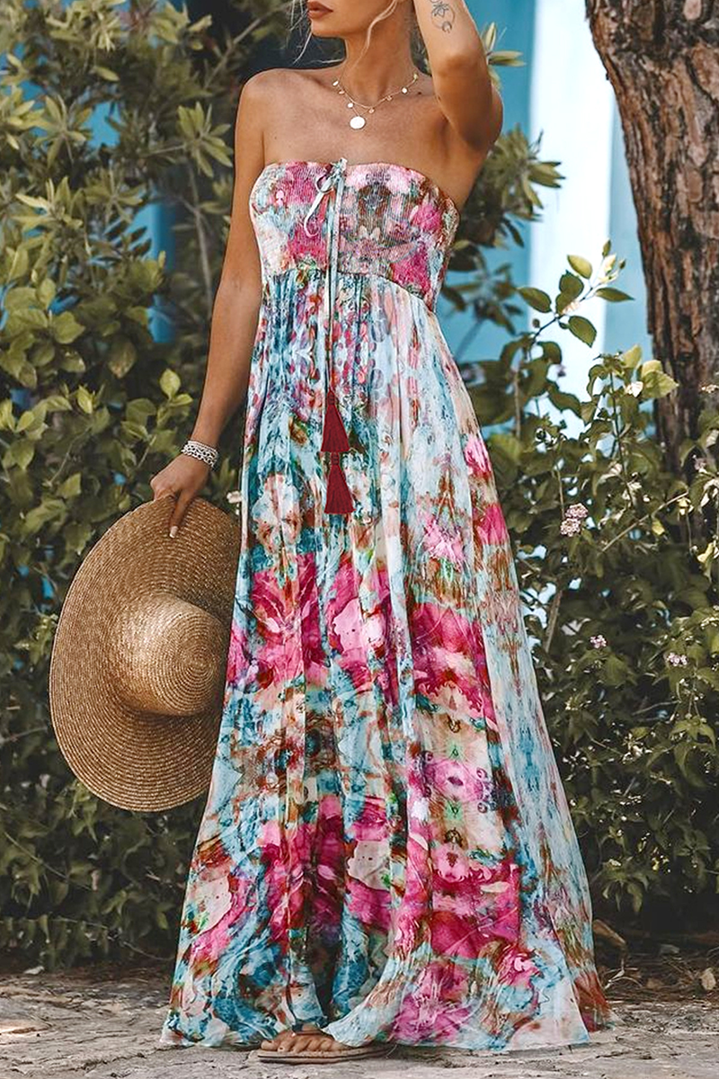 Sexy Vacation Flowers Print Fringed Trim Strapless Strapless Dresses - Fashionpara