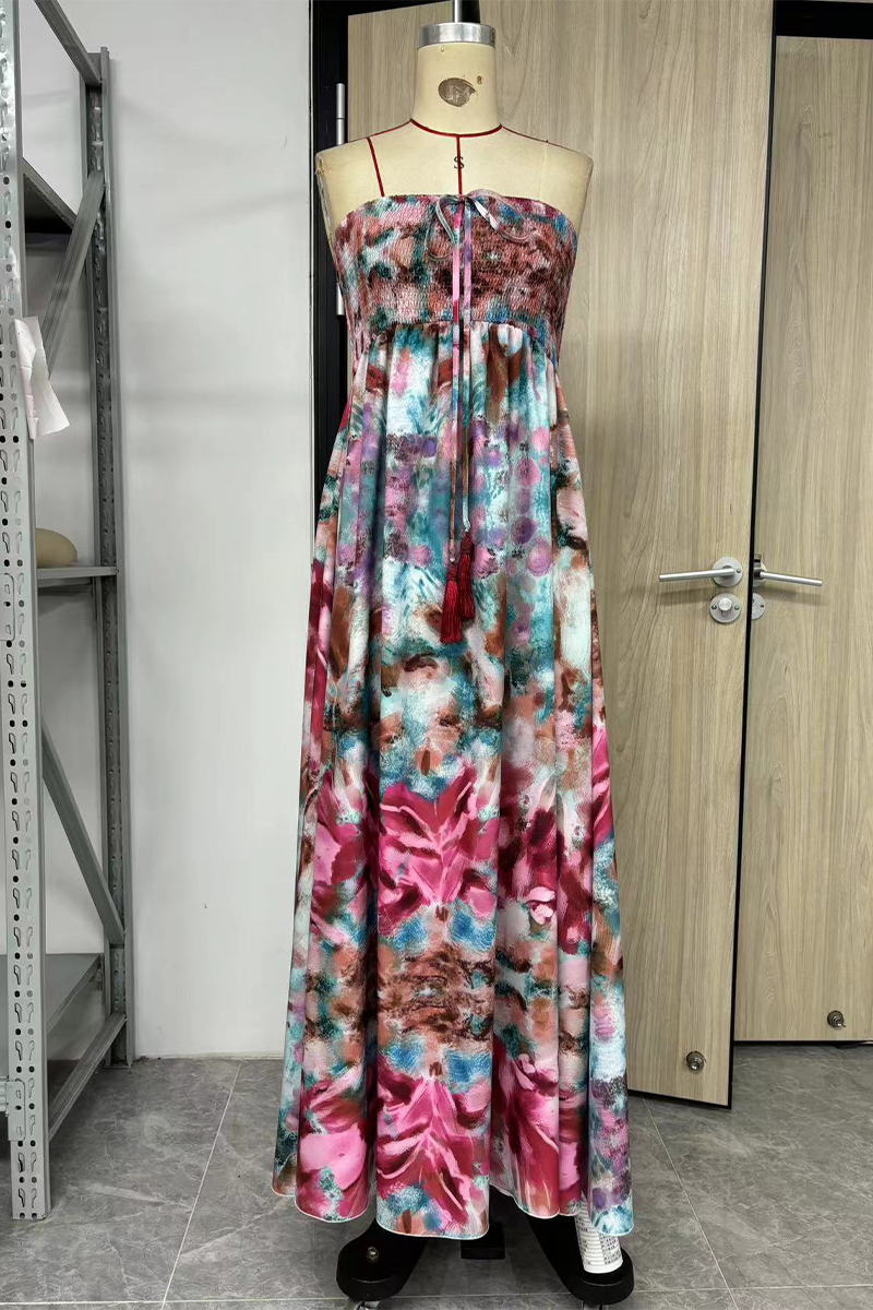 Sexy Vacation Flowers Print Fringed Trim Strapless Strapless Dresses - Fashionpara