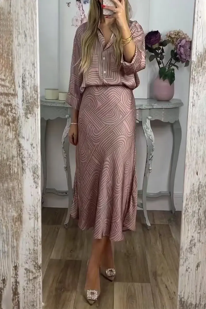 Daily Elegant Geometric Print Buttons Turndown Collar Three Quarter Two Pieces(3 Colors)  Fashionpara