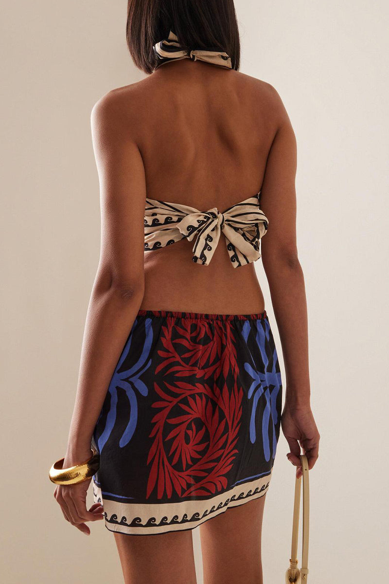 Sexy Vacation Plants Print Lace Up Backless Halter One Step Skirt Dresses - Fashionpara