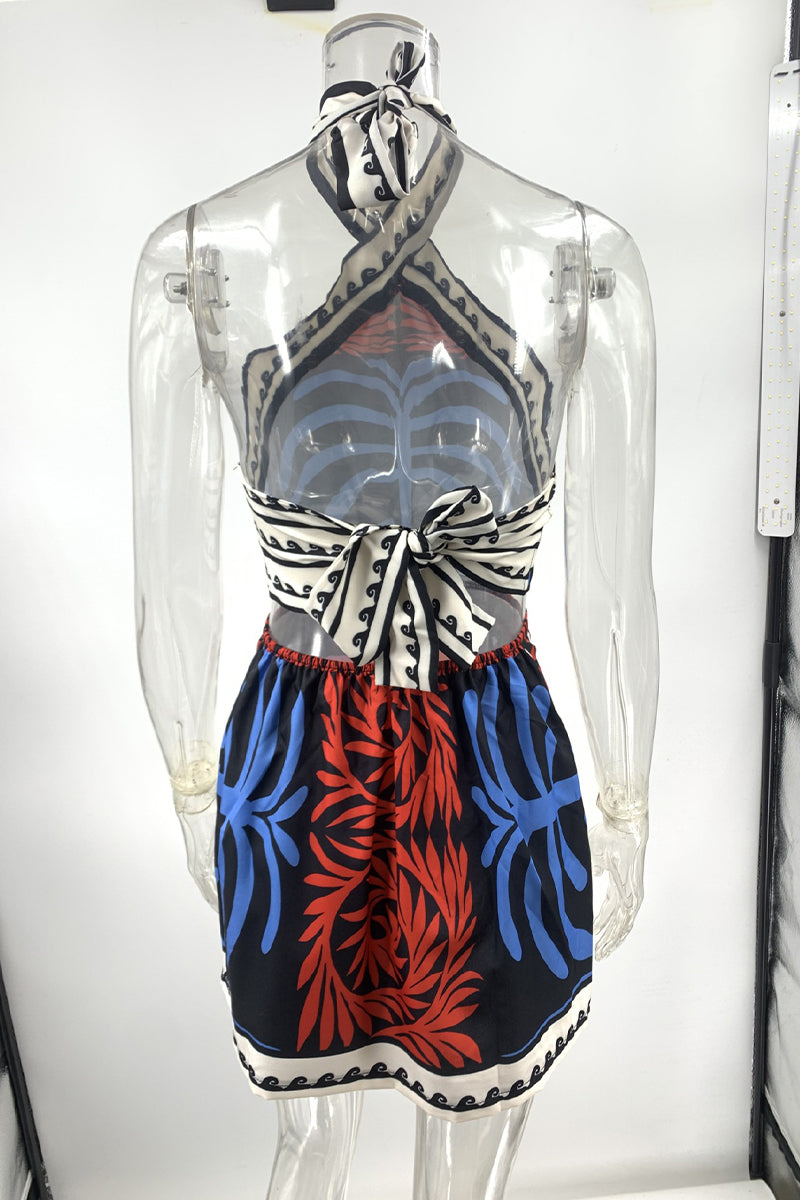 Sexy Vacation Plants Print Lace Up Backless Halter One Step Skirt Dresses - Fashionpara