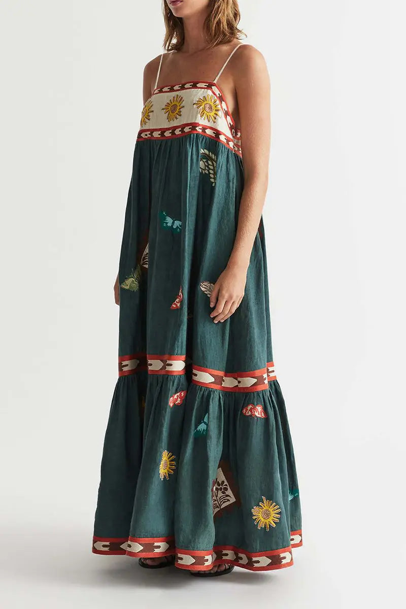 Sexy Vacation Graffiti Print Patchwork Square Neck Sling Dresses  Fashionpara