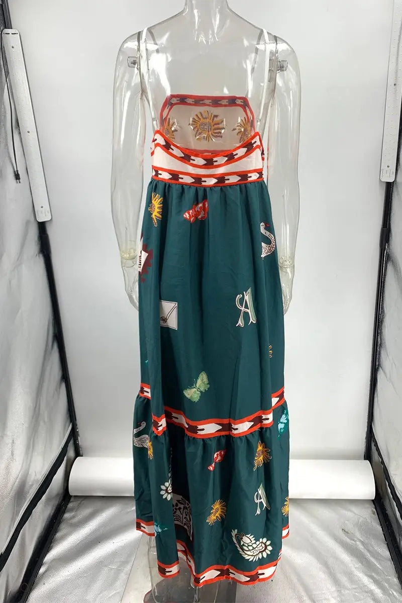 Sexy Vacation Graffiti Print Patchwork Square Neck Sling Dresses  Fashionpara