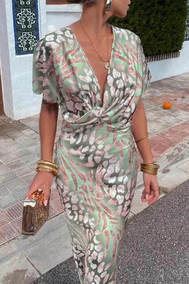 Sexy Floral Print Ruched V Neck A Line Dresses - Fashionpara