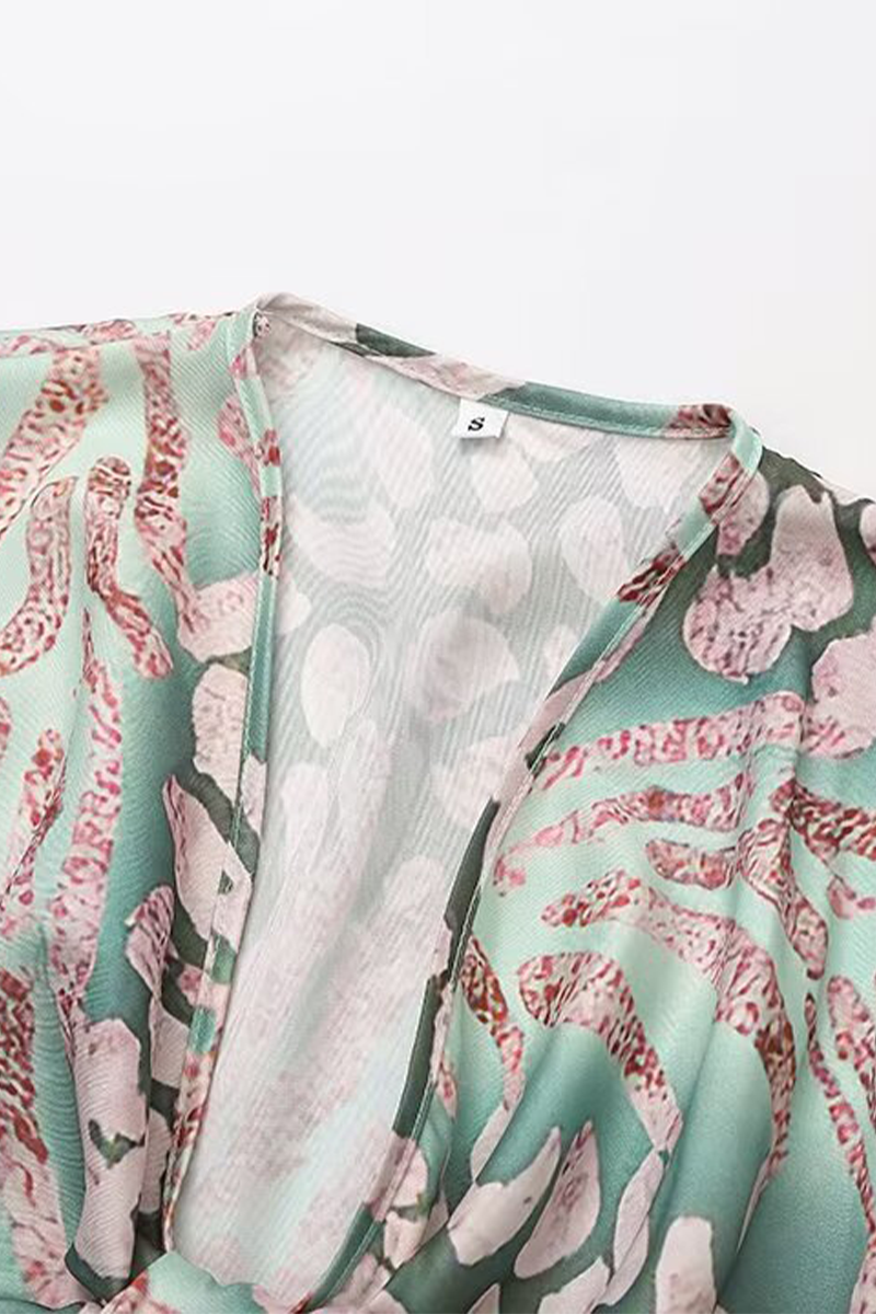 Sexy Floral Print Ruched V Neck A Line Dresses - Fashionpara