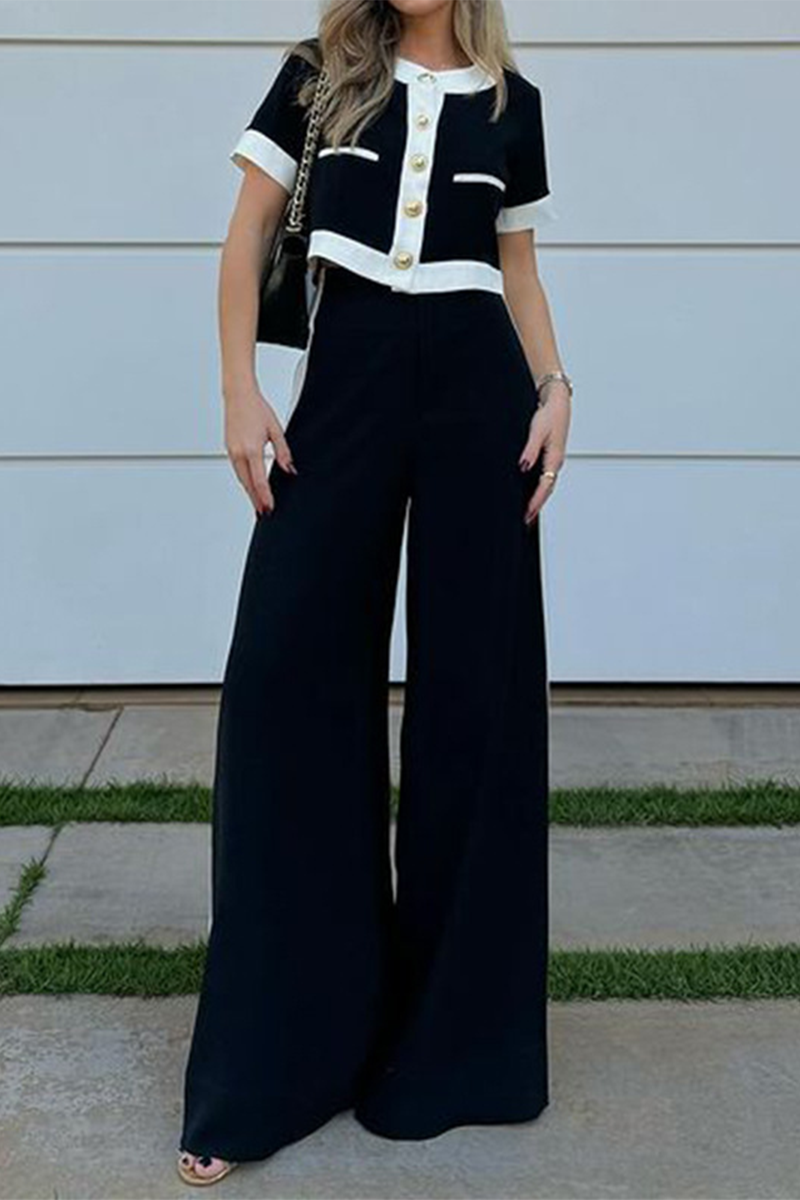 Casual Street Solid Color Buttons Contrast Short Sleeve Two Pieces - Fashionpara