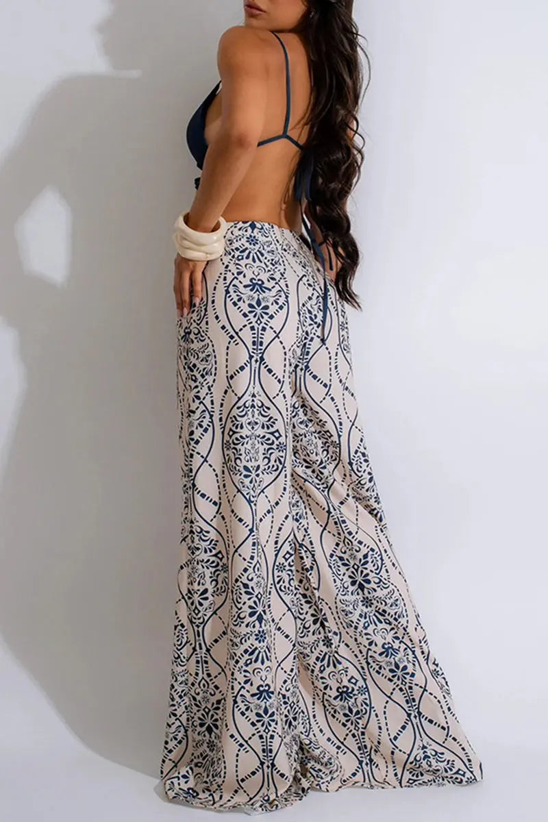 Sexy Print Hollow Out Patchwork Backless Spaghetti Strap Loose Jumpsuits  Fashionpara