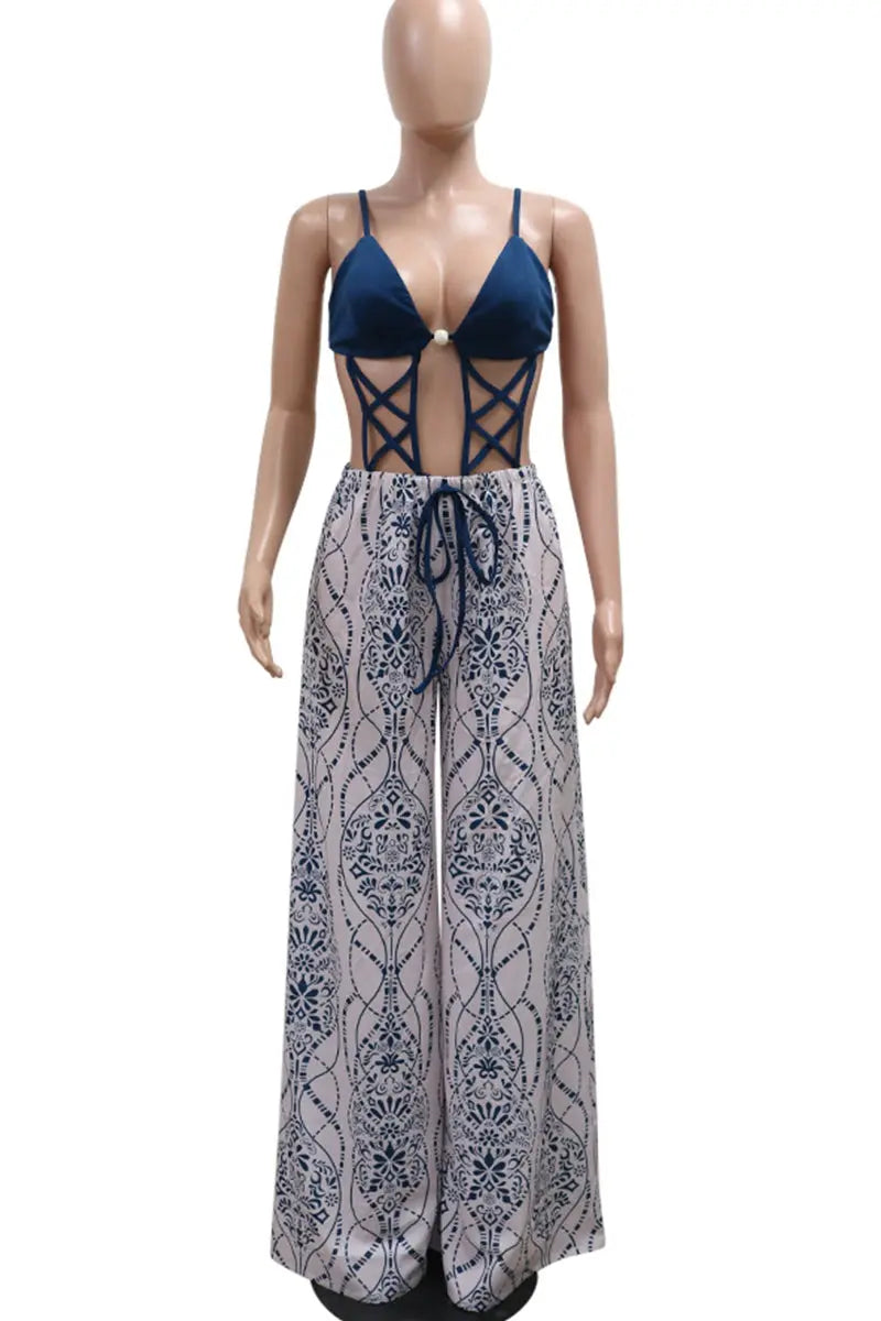 Sexy Print Hollow Out Patchwork Backless Spaghetti Strap Loose Jumpsuits  Fashionpara