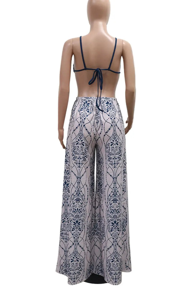 Sexy Print Hollow Out Patchwork Backless Spaghetti Strap Loose Jumpsuits  Fashionpara