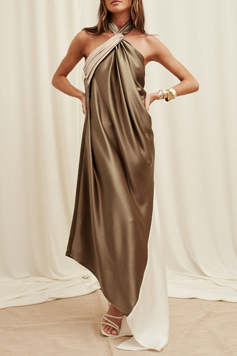 Casual Colorblock Patchwork Irregular Contrast Halter Irregular Dresses - Fashionpara