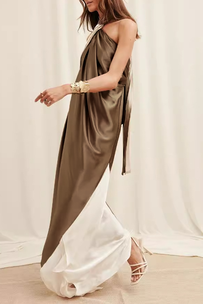 Casual Colorblock Patchwork Irregular Contrast Halter Irregular Dresses - Fashionpara