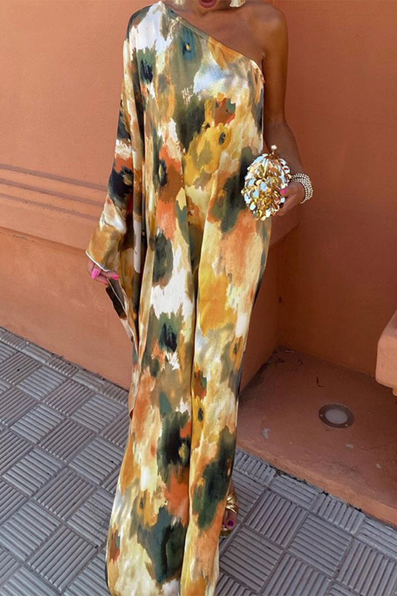 Casual Street Geometric Print Irregular Contrast Sloping Shoulder Irregular Dresses - Fashionpara