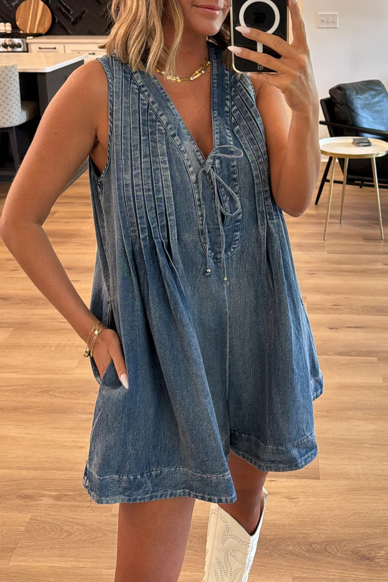 Casual Street Pocket Lace Up V Neck Sleeveless Loose Denim Jumpsuits(9 Colors) - Fashionpara
