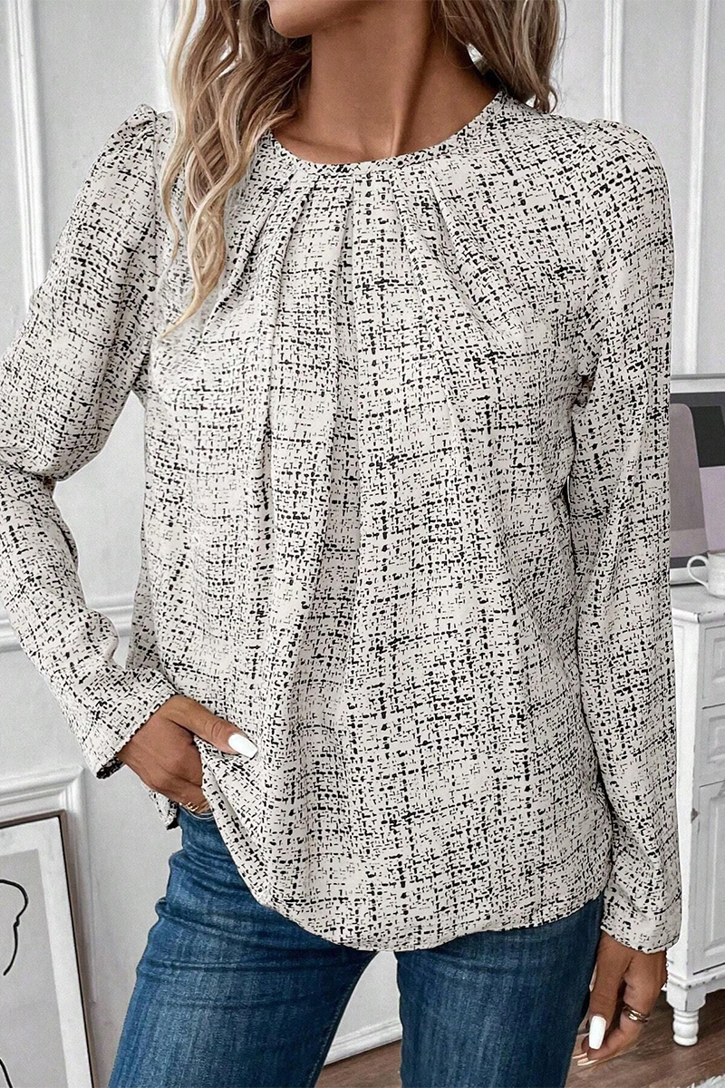 Casual Street Plaid Ruched O Neck Tops - Fashionpara