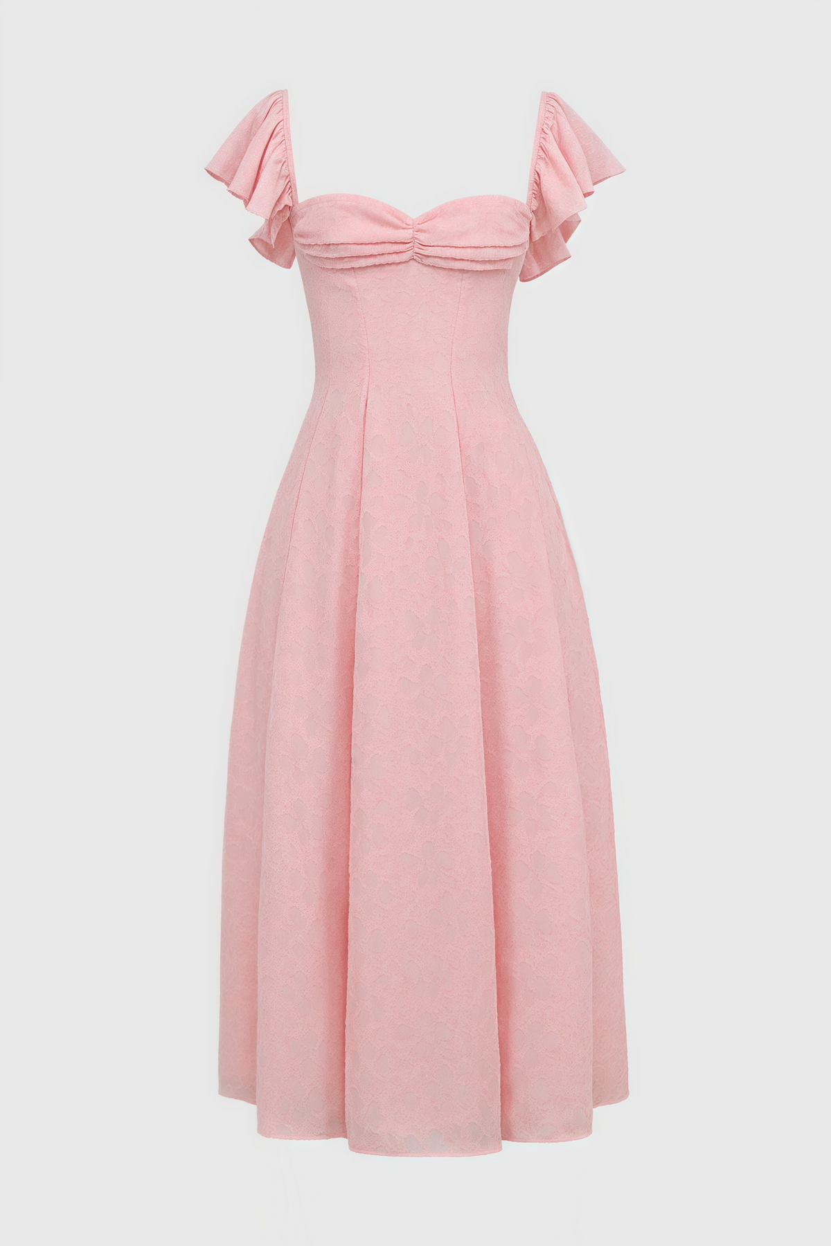 Floral Jacquard Sweetheart Neck Flutter Sleeve Midi Dress - View 6