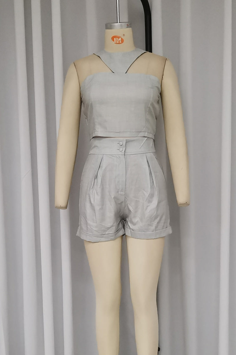 Casual Street Solid Color Pocket Buttons Irregular Zipper Halter Sleeveless Two Pieces - Fashionpara