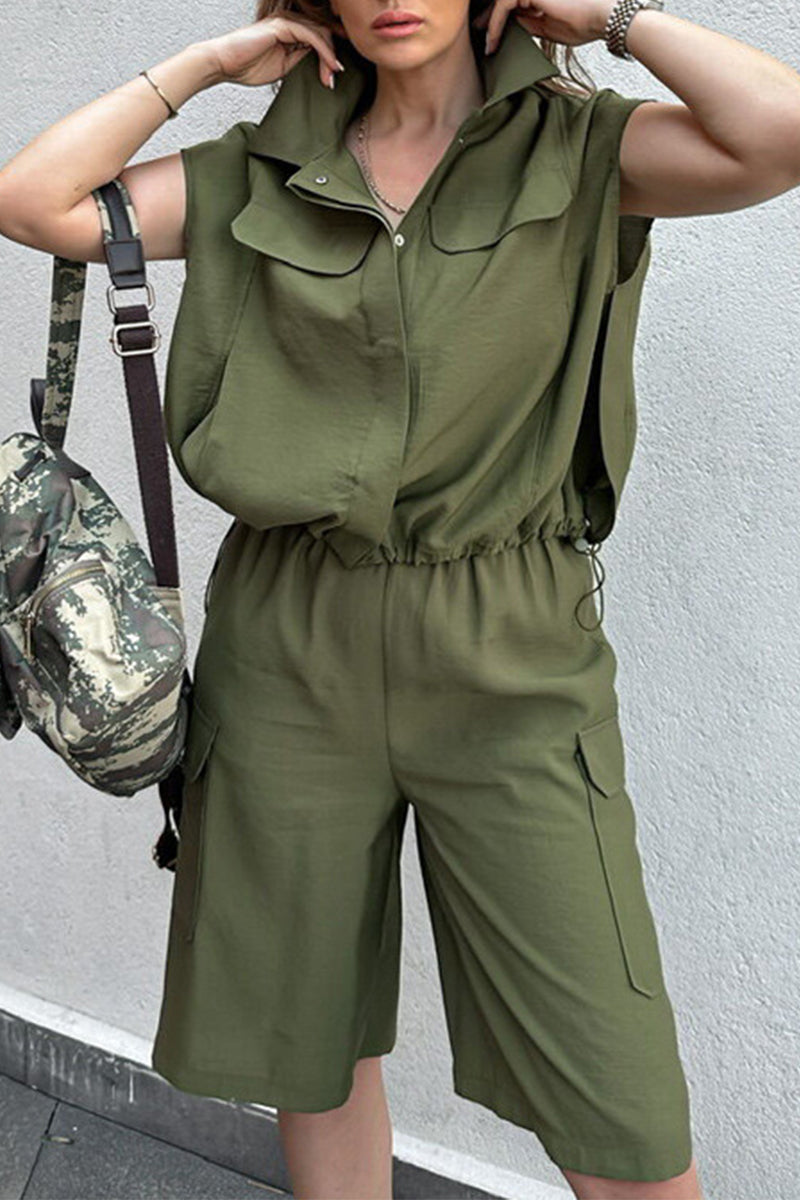 Casual Street Solid Color Draw String Pocket Buttons Turndown Collar Short Sleeve Two Pieces - Fashionpara