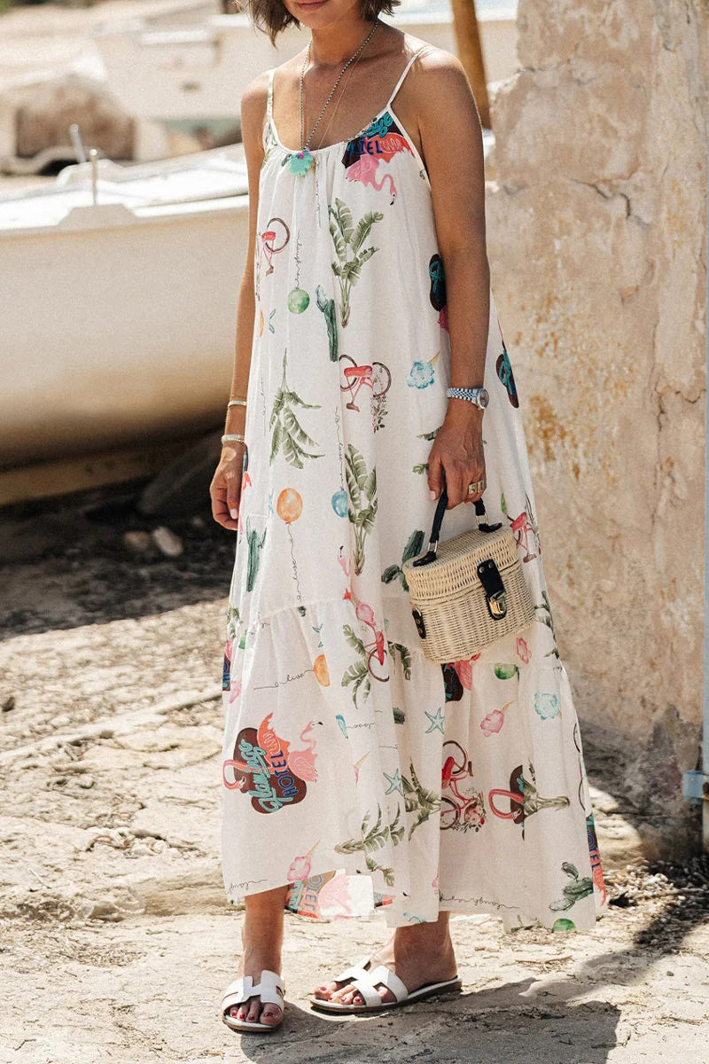 Casual Vacation Floral Print U Neck Sling Dresses - Fashionpara