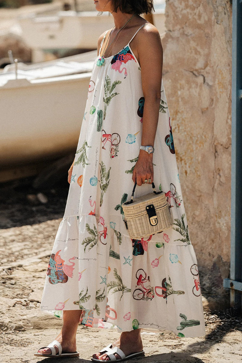 Casual Vacation Floral Print U Neck Sling Dresses - Fashionpara